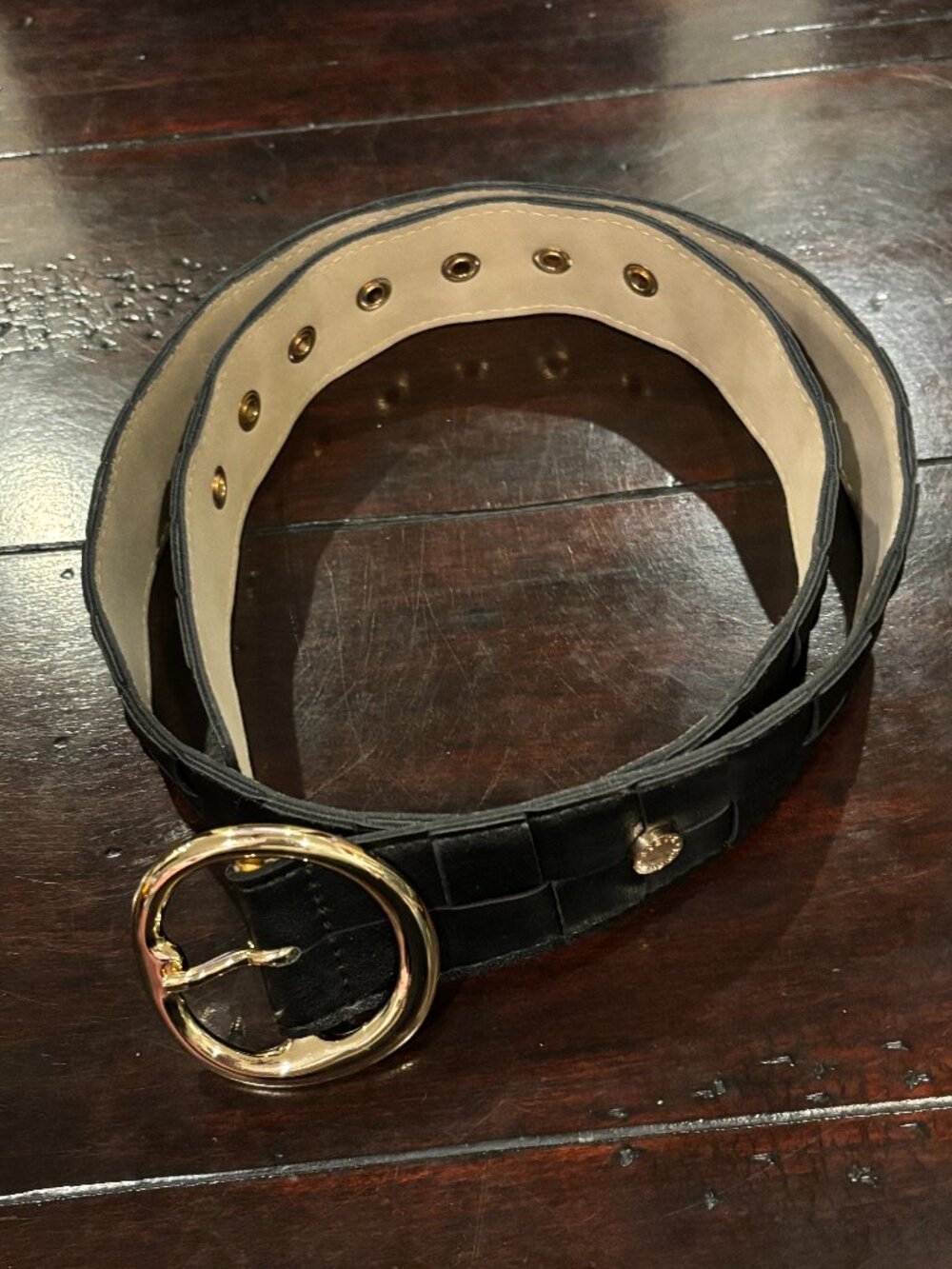 Steve Madden Women's Black Leather Belt, Gold Buckle, 33-39"